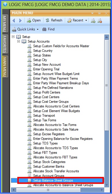 balance sheet grouping menu